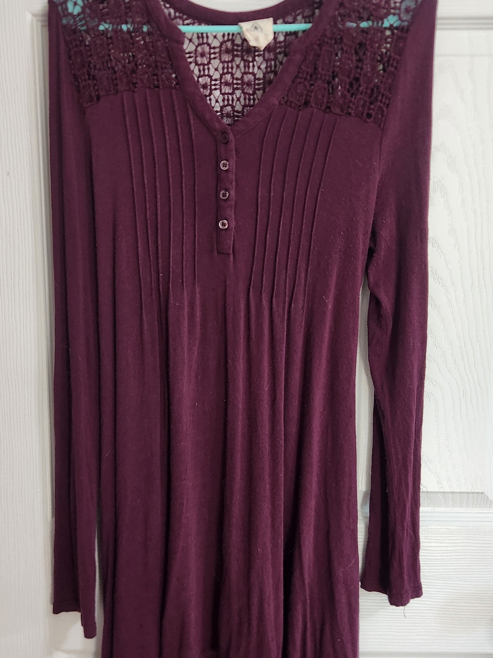 Long Sleeve Lace Yoke Tunic Dress in Plum